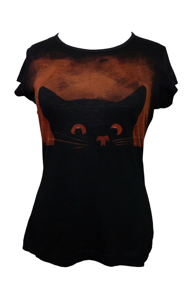 Tricou cu maneca scurta, K-off, negru, Pisica curioasa